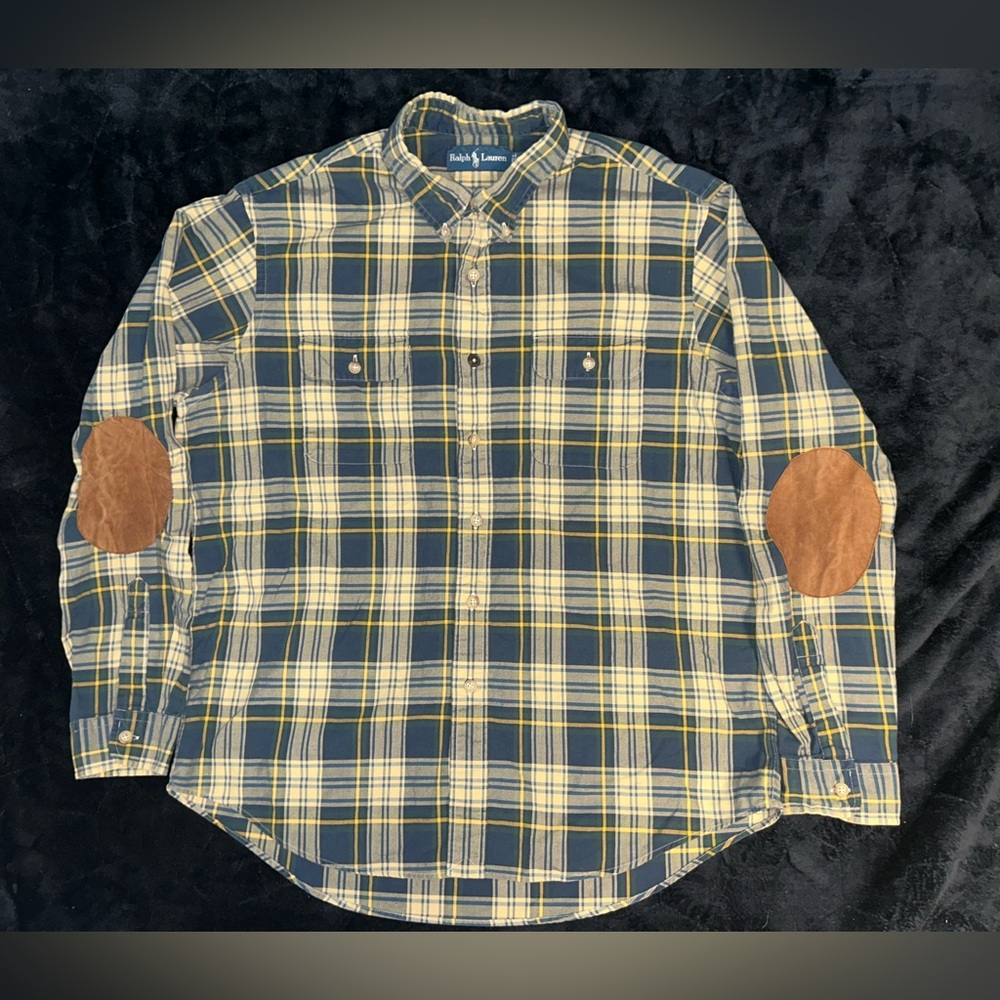 Ralph Lauren Mens Green Plaid Button Down Flannel Shirt XL Suede Elbow Patches